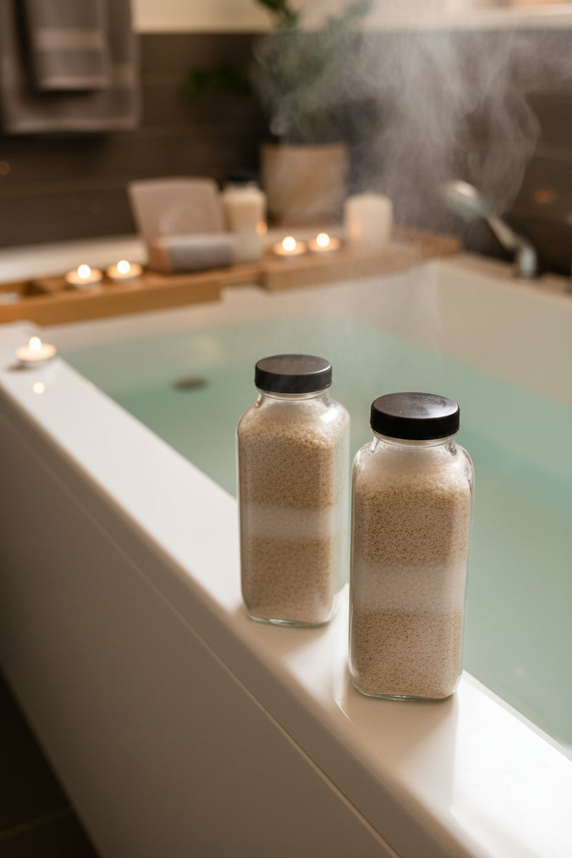 Two glass bottles filled with colloidal oatmeal and epsom salts on a warm bath